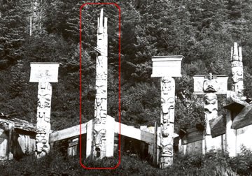 Close up of totem pole in situ hlqin7ul ‘llnagaay (Cumshewa), 1878.