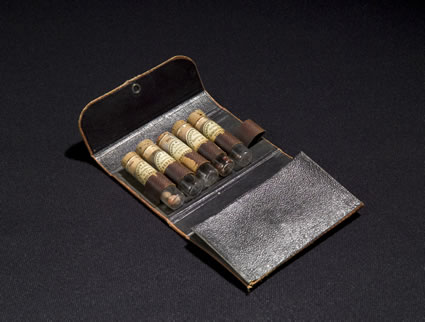 Pocket Medicine Case, this small case contains vials of Sulphate of Quinia, Vegetable Cathartic, Phosphoropus, Arsenious Acid,  and Sulphate Morphia