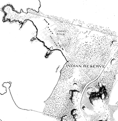 Ce plan de la Réserve de d'Esquimalt datant du XIXème siècle nous montre l'emplacement des maisons et de la zone boisée autour du site. 