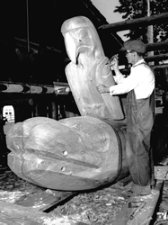 Mungo Martin carving the first new sculpture for Thunderbird Park