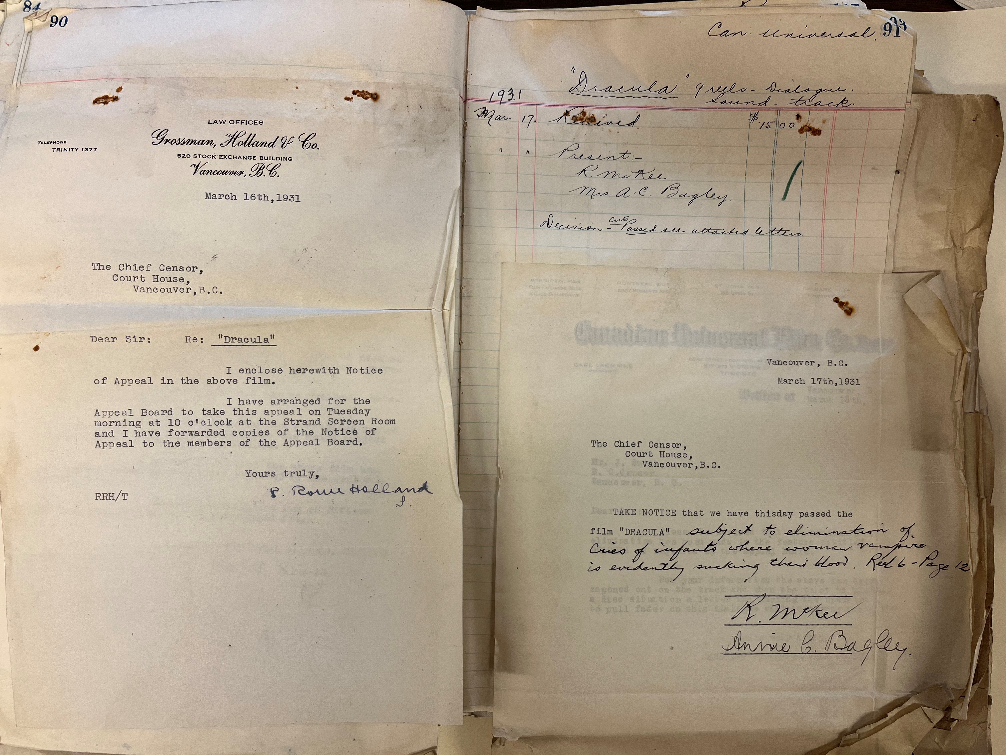 Records from GR-4097 appealing the censor’s decision to cut a scene from the 1931 film Dracula.