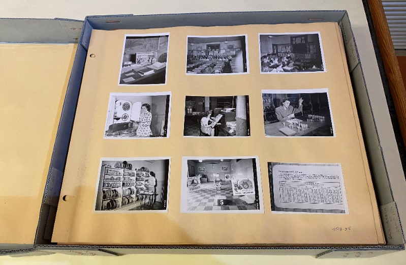 A page from GR-4114 album 1 (ca. 1950) which shows students demonstrating various vocational skills.