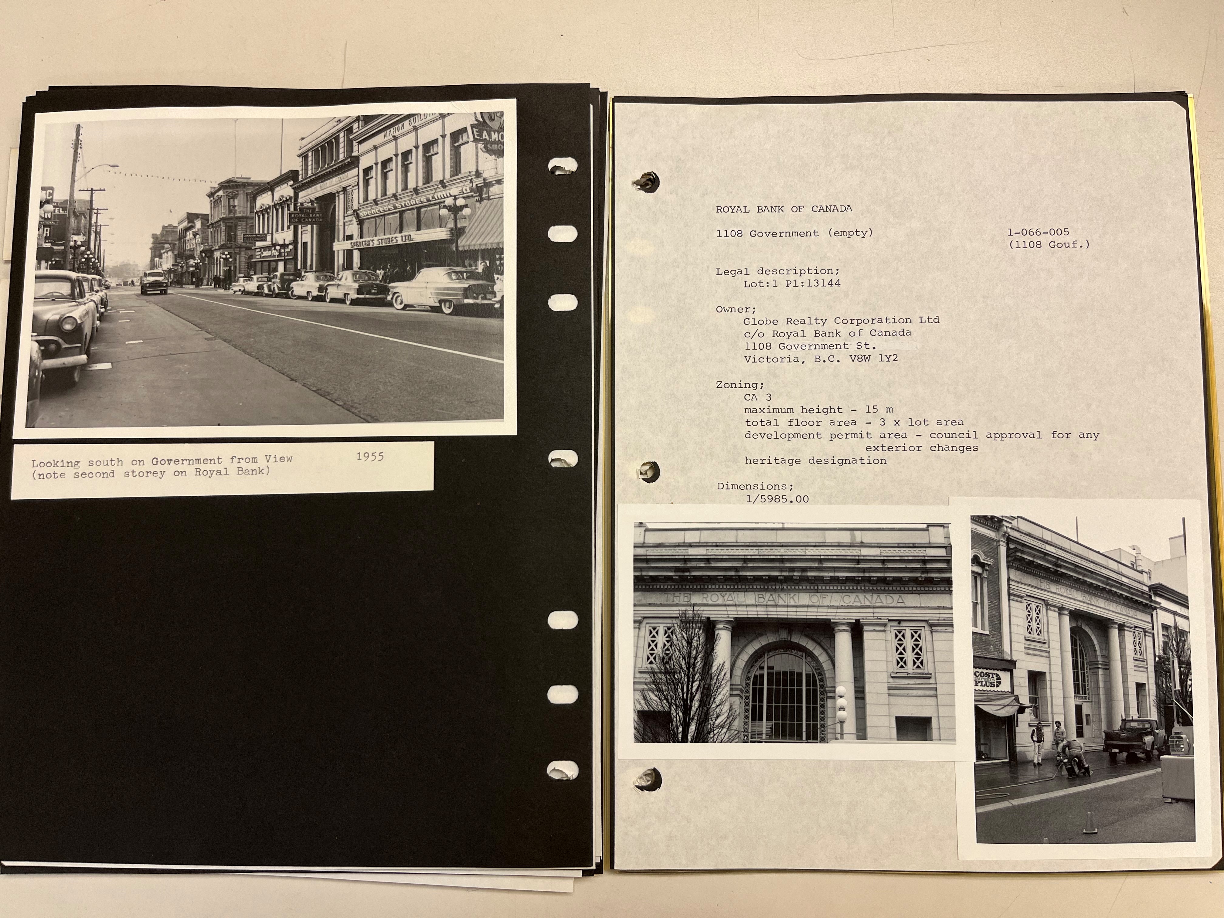 Images of the Royal Bank on Government Street in Victoria, now Munro’s Books, in 1955 and c.1970 (GR-4119).