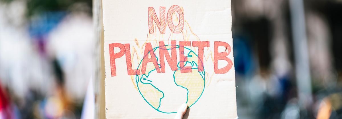 A sign reading "There is No Planet B" with an illustration of the earth, is held above a crowd 