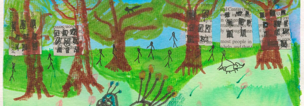 Artwork created by a kid, with trees, grass and a peacock