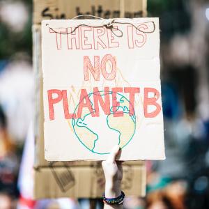A sign reading "There is No Planet B" with an illustration of the earth, is held above a crowd 